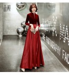 女裝禮服裙V領排扣宴會長裙