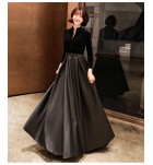 女裝禮服裙V領排扣宴會長裙
