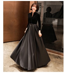 女裝禮服裙V領排扣宴會長裙