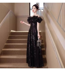 晚裝禮服裙黑色荷葉邊一字肩長裙