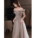 晚裝禮服裙一字肩灰色宴會長裙
