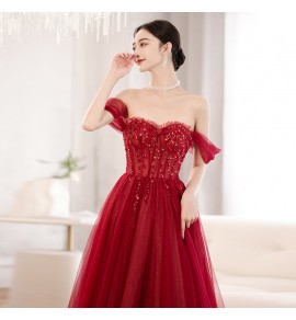 晚裝禮服裙酒紅色宴會長裙
