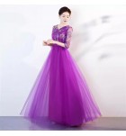 晚裝禮服裙V領蕾絲袖長裙