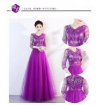 晚裝禮服裙V領蕾絲袖長裙