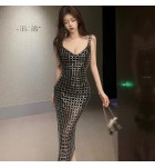 晚裝禮服裙吊帶V領鑲鑽露背長裙