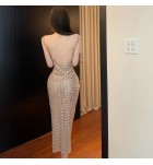 晚裝禮服裙吊帶V領鑲鑽露背長裙