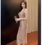 晚裝禮服裙吊帶V領鑲鑽露背長裙