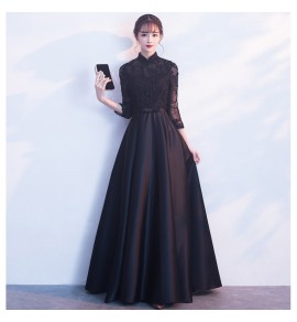 少女連身裙立領黑色派對長款禮服裙