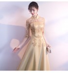 晚裝禮服裙立領蕾絲貼花長裙