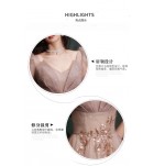 晚裝禮服裙V領香檳色泡泡袖長裙