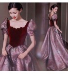 晚裝禮服裙方領泡泡袖長裙