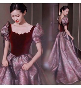 晚裝禮服裙方領泡泡袖長裙