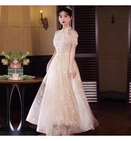 少女禮服裙一字肩串珠流蘇長裙