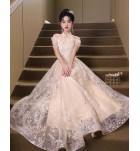 少女禮服裙一字肩串珠流蘇長裙