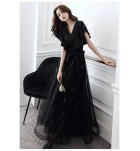 少女禮服裙V領荷葉袖長裙