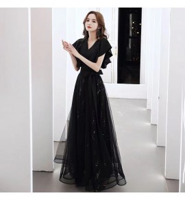 少女禮服裙V領荷葉袖長裙