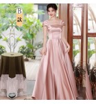 少女禮服裙粉色緞面宴會長裙