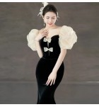 少女禮服裙深V領露背蝴蝶結長裙
