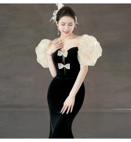 少女禮服裙深V領露背蝴蝶結長裙