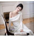 少女禮服裙斜肩長袖長裙