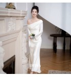 少女禮服裙斜肩長袖長裙