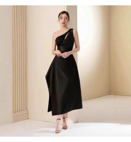 少女禮服裙黑色單肩不規則長裙