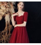 女裝禮服裙酒紅色方領蝴蝶結長裙