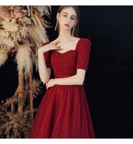女裝禮服裙酒紅色方領蝴蝶結長裙