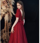 女裝禮服裙酒紅色方領蝴蝶結長裙