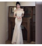 晚裝禮服裙掛脖一字肩長裙
