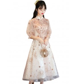 少女禮服裙香檳色立領中袖中裙