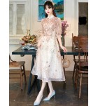 少女禮服裙香檳色立領中袖中裙