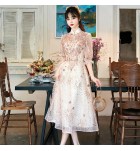 少女禮服裙香檳色立領中袖中裙