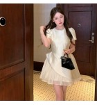 女裝禮服裙杏色圓領不規則裙
