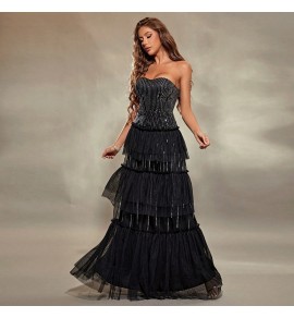 女裝歐美禮服裙抹胸露背多層裙襬