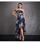 女裝歐美禮服裙單肩印花前短後長裙