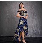 女裝歐美禮服裙單肩印花前短後長裙
