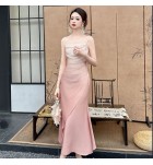 女裝禮服裙吊帶抹胸漸變粉色長裙