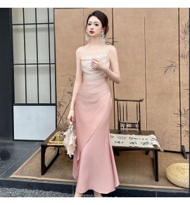 女裝禮服裙吊帶抹胸漸變粉色長裙