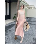 女裝禮服裙吊帶抹胸漸變粉色長裙