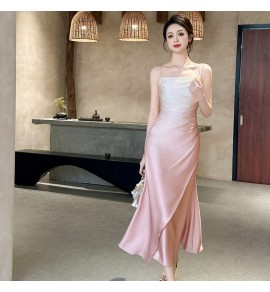 女裝禮服裙吊帶抹胸漸變粉色長裙
