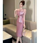 少女禮服裙透視蕾絲圓領蝴蝶結中長裙