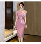 少女禮服裙透視蕾絲圓領蝴蝶結中長裙