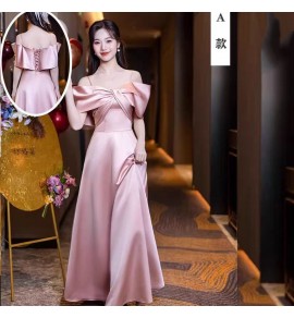 少女禮服裙粉色緞面長裙