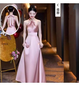 少女禮服裙粉色緞面長裙