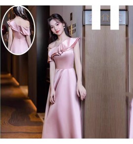 少女禮服裙粉色緞面長裙