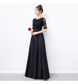 晚裝禮服裙黑色圓領中袖長裙