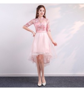 少女禮服裙粉色優雅前短後長裙