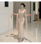 晚裝禮服裙吊帶抹胸網紗披肩長裙