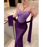 晚裝禮服裙吊帶抹胸網紗披肩長裙